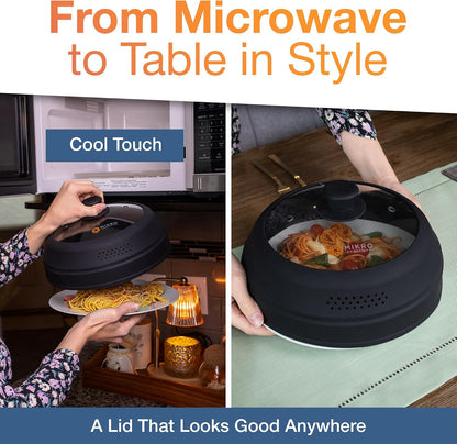 Glass & Silicone Microwave Splatter Cover – Tall and Collapsible Design that fits 6-10.5in Plates and Bowls - Space Saving, BPA Free & Dishwasher Safe (1, Black, large)