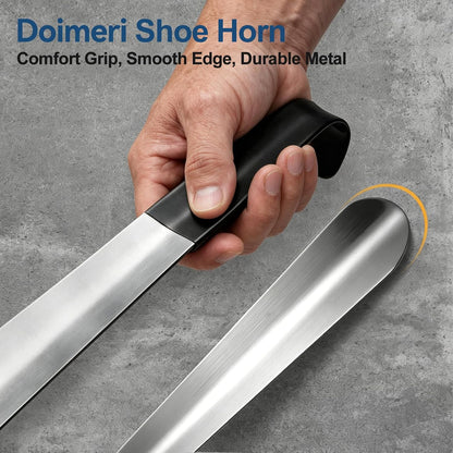 2 Pack Metal Shoe Horn, 16.5" Long Handle for Home + 11.8" Portable Travel Size, Premium Stainless Steel Shoehorn, Non-Slip Grip Shoe Helper for Boots Seniors