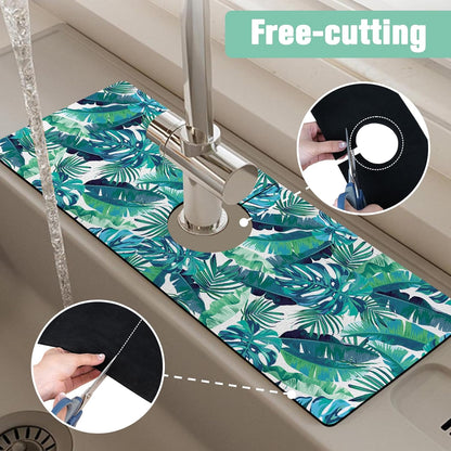 Kitchen Sink Splash Guard Faucet Mat 24" X 5.5" Tropical Leavesl Absorbent Fast Drying Mat Faucet Draining Mat Sink Splash Guard Behind Faucet Drip Catcher for Kitchen Bathroom