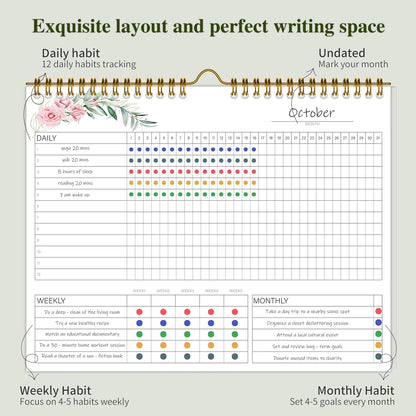 Habit Tracker Calendar Undated for Daily, Weekly & Monthly, 7.5" x 10"