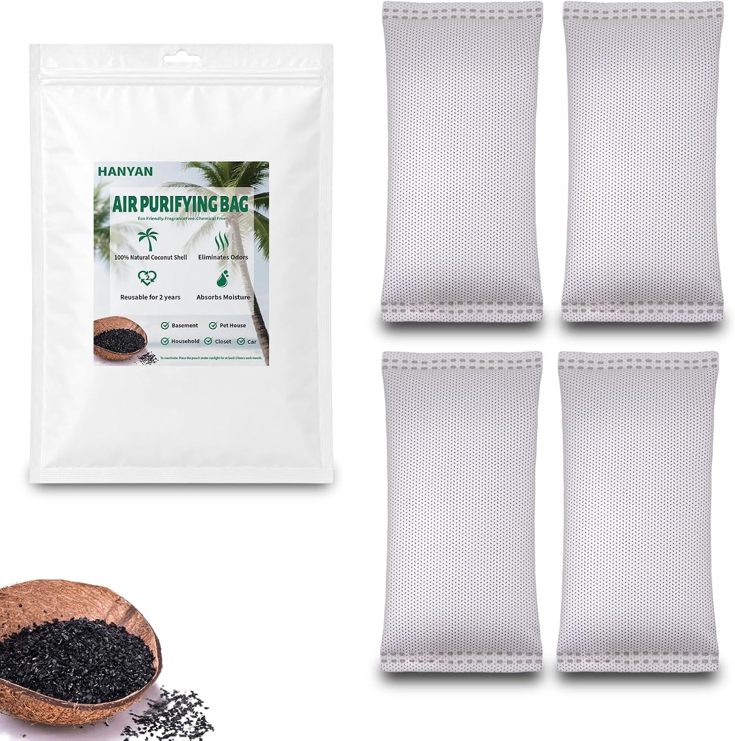 Coconut Shell Charcoal Air Purifying Bags 50g, Removes Odors and Moisture, Nature Fresh Air Purifier Bags, Odor Eliminator for Home, Car, Pets, Bathroom, Basement(4 x 50g)