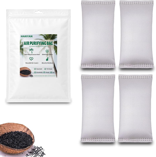 Coconut Shell Charcoal Air Purifying Bags 50g, Removes Odors and Moisture, Nature Fresh Air Purifier Bags, Odor Eliminator for Home, Car, Pets, Bathroom, Basement(4 x 50g)
