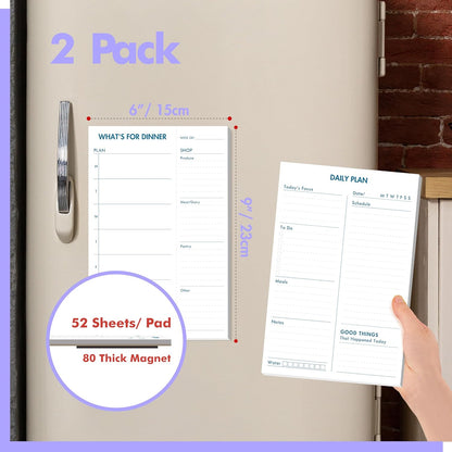 2 Pack Magnetic Planner Pad, What’s for Dinner & Daily Plan, Tear-off Weekly Meal Planning Grocery List Notepad, Family Dinner Menu Shopping List for Fridge, Whiteboard, 52 Sheets per Pad