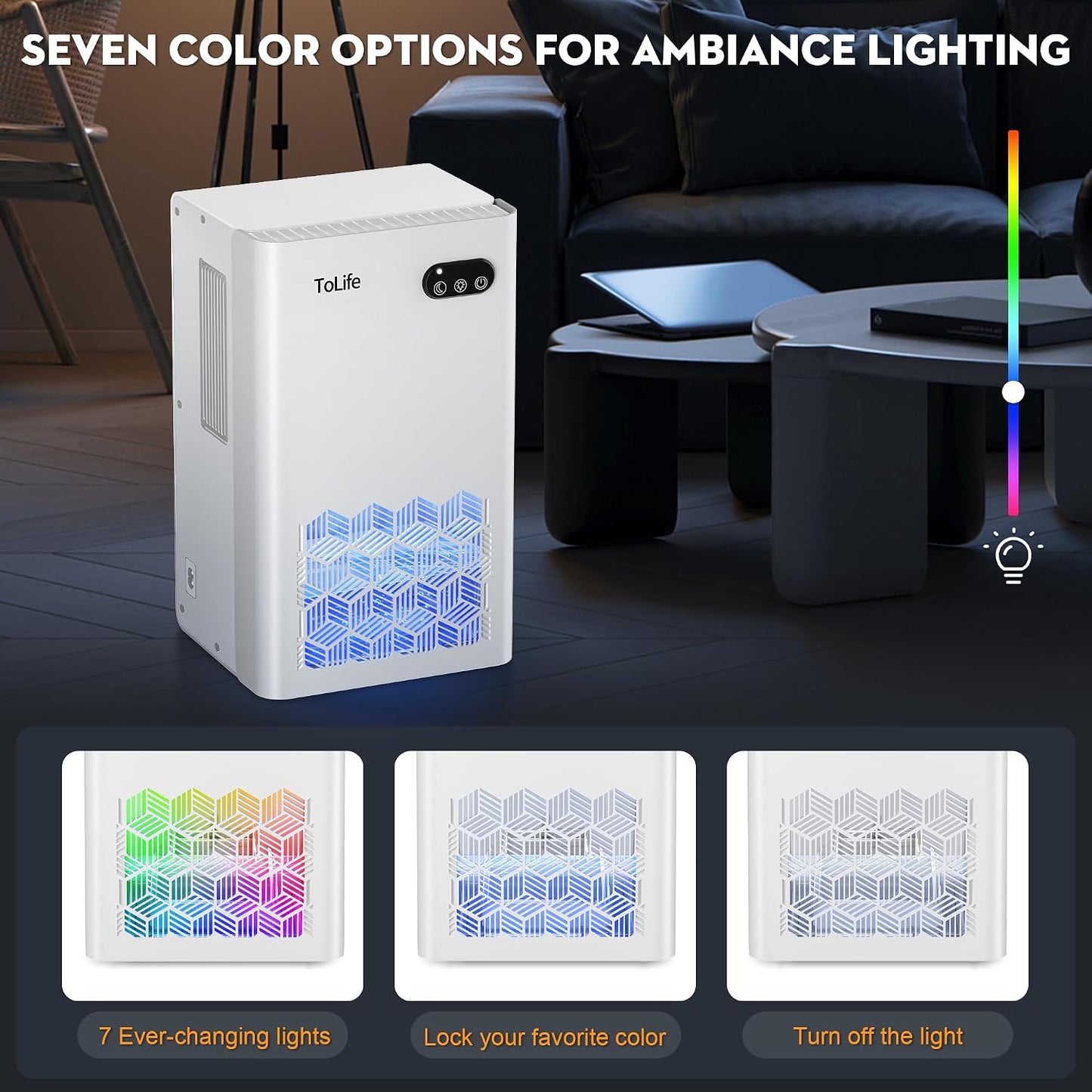 ToLife Dehumidifier for Home, 1000 sq.ft Dehumidifiers for Bedroom Bathroom Basement with 95 OZ Water Tank, Auto Shut Off 7 Colors LED Light, White Black