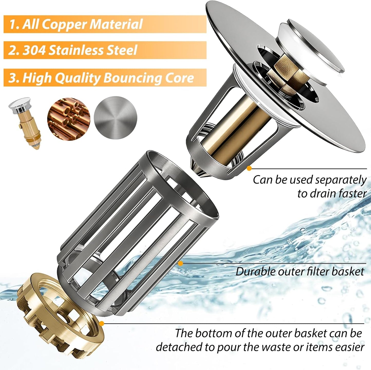 Anlige Bathroom Sink Drain Strainer, 3 in 1 Pop Up Bathroom Sink Stopper with Removable Brass Basket Hair Catcher, Universal Sink Plug for 1.06 to 1.6in Drain Hole, Chrome Silver