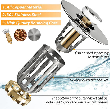 Anlige Bathroom Sink Drain Strainer, 3 in 1 Pop Up Bathroom Sink Stopper with Removable Brass Basket Hair Catcher, Universal Sink Plug for 1.06 to 1.6in Drain Hole, Chrome Silver