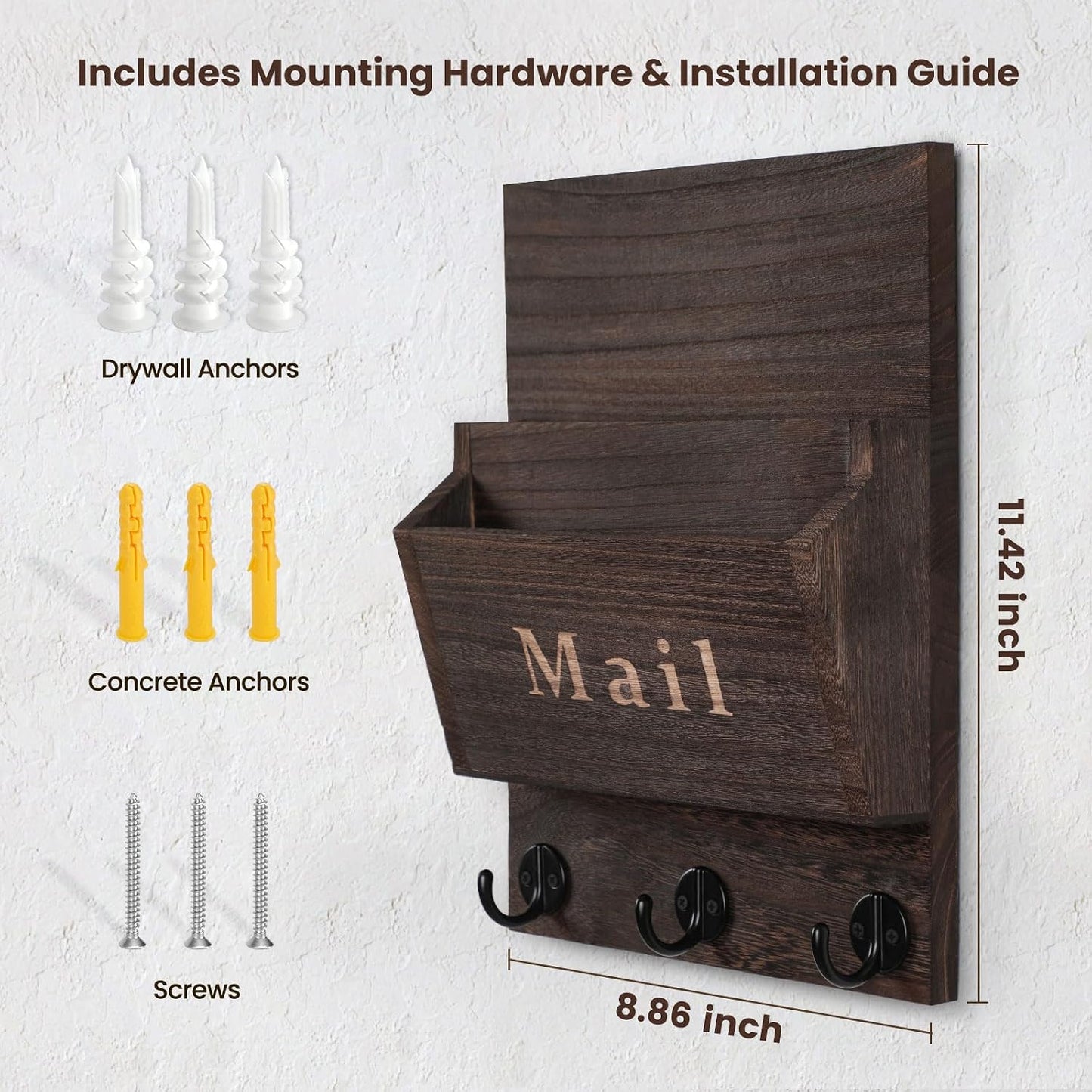 Mail and Key Holder, Wall Key Holder with 2 Mail Organizer Slot and 3 Hooks | Decorative 8.86" x 11.42" Mail Holder, Real Paulownia Wood with Keyhole Brackets, Hardware and Instructions
