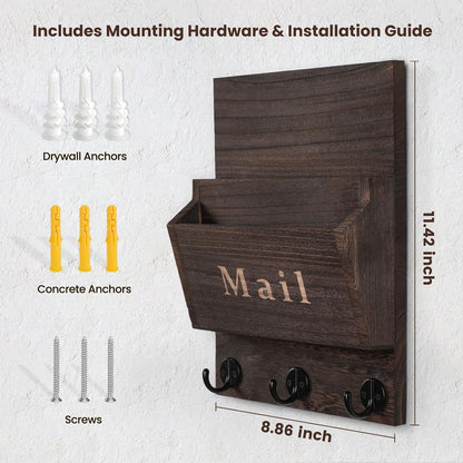 Mail and Key Holder, Wall Key Holder with 2 Mail Organizer Slot and 3 Hooks | Decorative 8.86" x 11.42" Mail Holder, Real Paulownia Wood with Keyhole Brackets, Hardware and Instructions