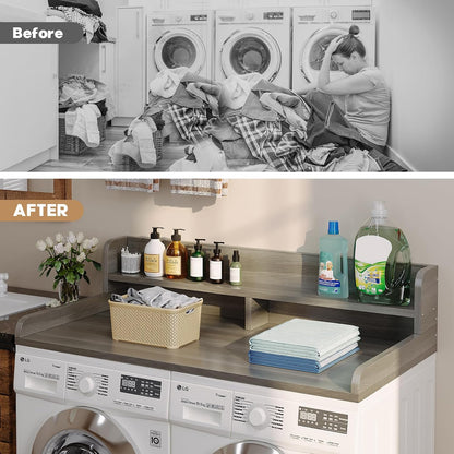 2-Tier Washer Dryer Countertop with 2.75" H Edge Rails, 54" W x 27.55" D Laundry Countertop for Folding Clothes, Washer and Dryer Topper with Non-Slip Pad (Dark Walnut)