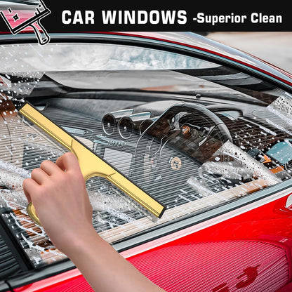 All-Purpose Shower Squeegee for Shower Glass Doors with 2 Adhesive Hook, Stainless Steel Squeegee for Bathroom, Household Window, Mirrors, Tiles and Car Windows 10 Inches, Clear, Golden