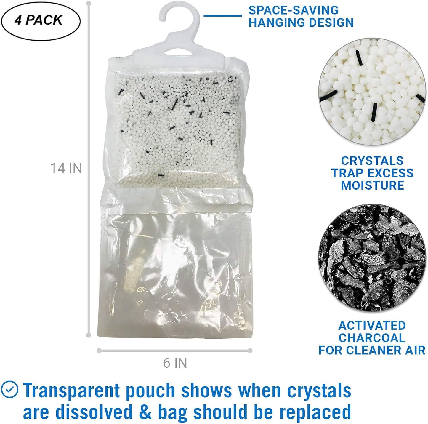4 Pack Moisture Absorber Hanging Bags, Boat Dehumidifier with Charcoal | Unscented, Removes Dampness and Musty Odors, Ideal for Basement, Closet, Home, Car, RV, and Boating