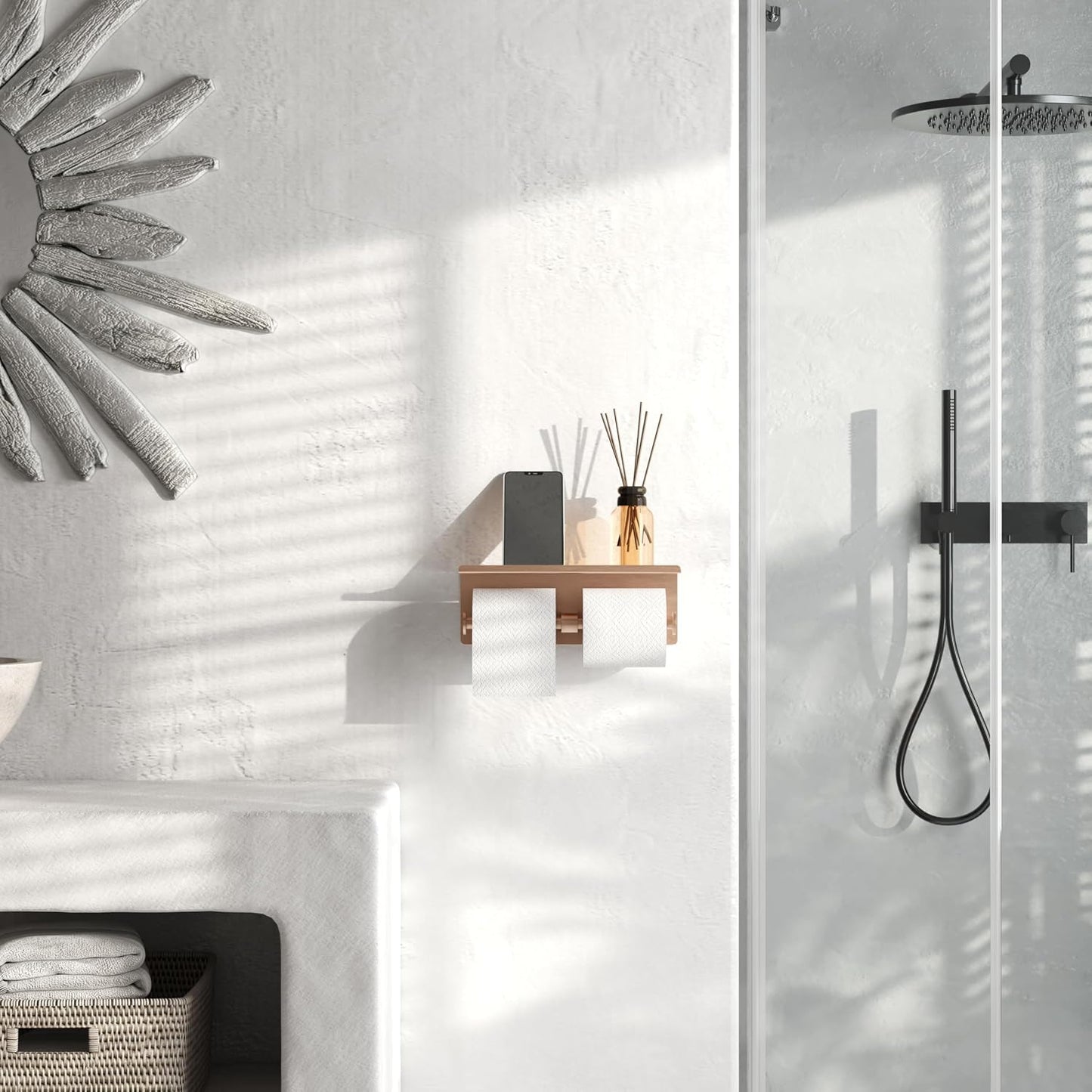 Black Toilet Paper Roll Holder with Shelf Wall Mounted for Bathroom (Black, Double Head)