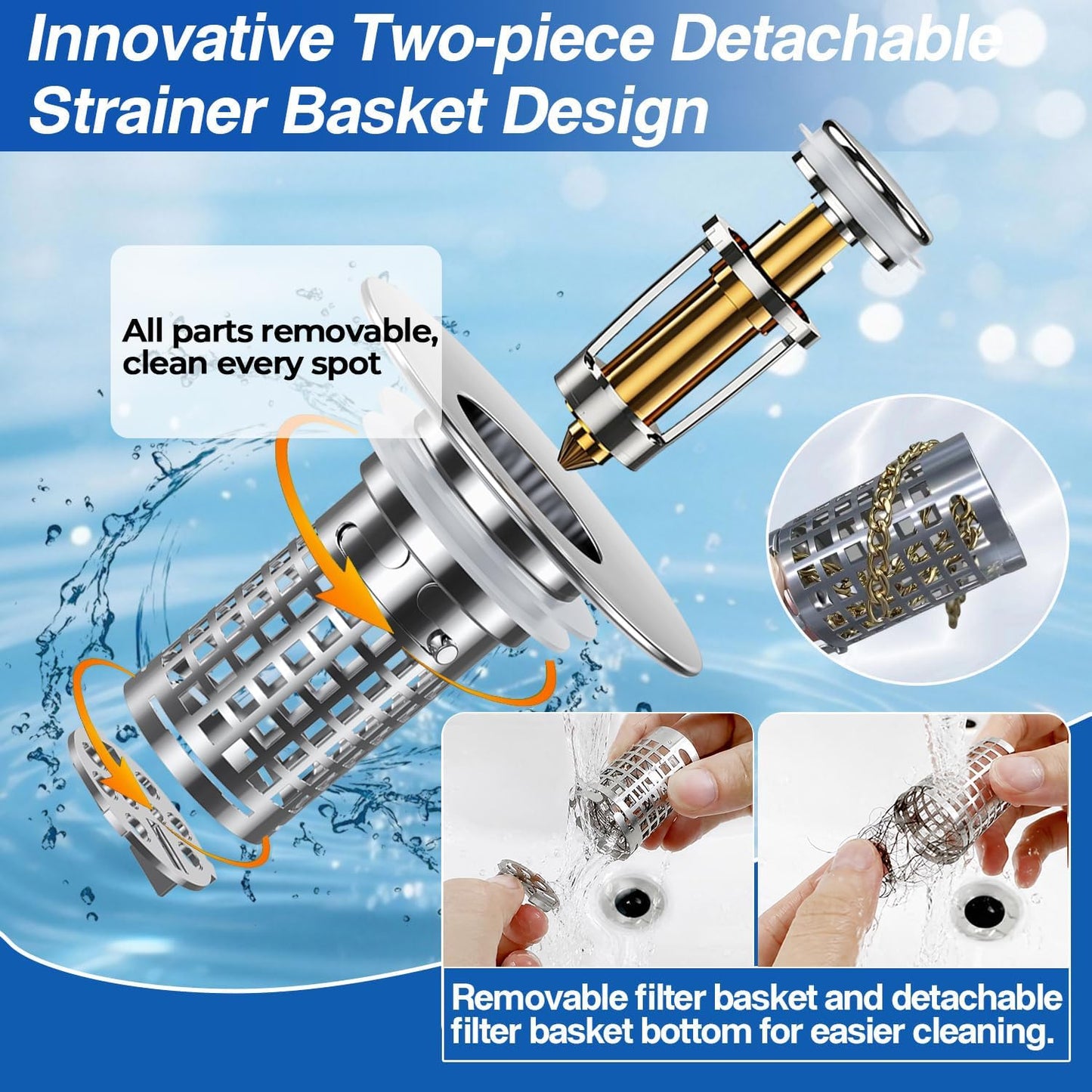 Bathroom Sink Drain Strainer, Pop-up Sink Drain Strainer with Removable Stainless Steel Strainer Basket Hair Catcher, Bathroom Sink Strainer for Bathroom Sink Stopper Replacement(1PCS)