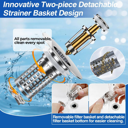 Bathroom Sink Drain Strainer, Pop-up Sink Drain Strainer with Removable Stainless Steel Strainer Basket Hair Catcher, Bathroom Sink Strainer for Bathroom Sink Stopper Replacement(1PCS)