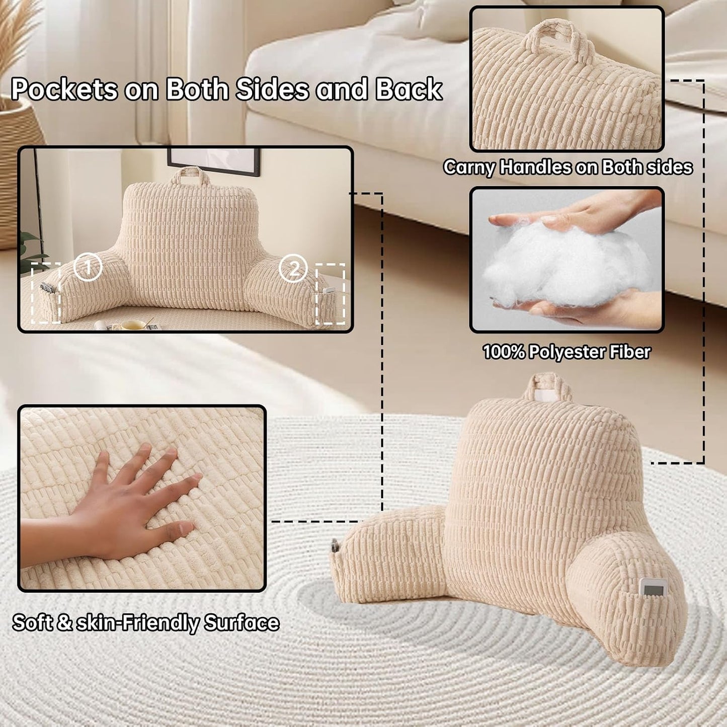 Reading Pillow with Arms for Sitting in Bed,Backrest,White Flannel,M | 17" Backrest Supports Back for College Students,Elbows & Forearms for Dorm Reading,Gaming,Watching TV