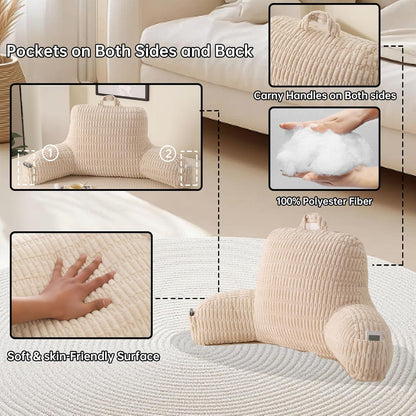 Reading Pillow with Arms for Sitting in Bed,Backrest,White Flannel,M | 17" Backrest Supports Back for College Students,Elbows & Forearms for Dorm Reading,Gaming,Watching TV