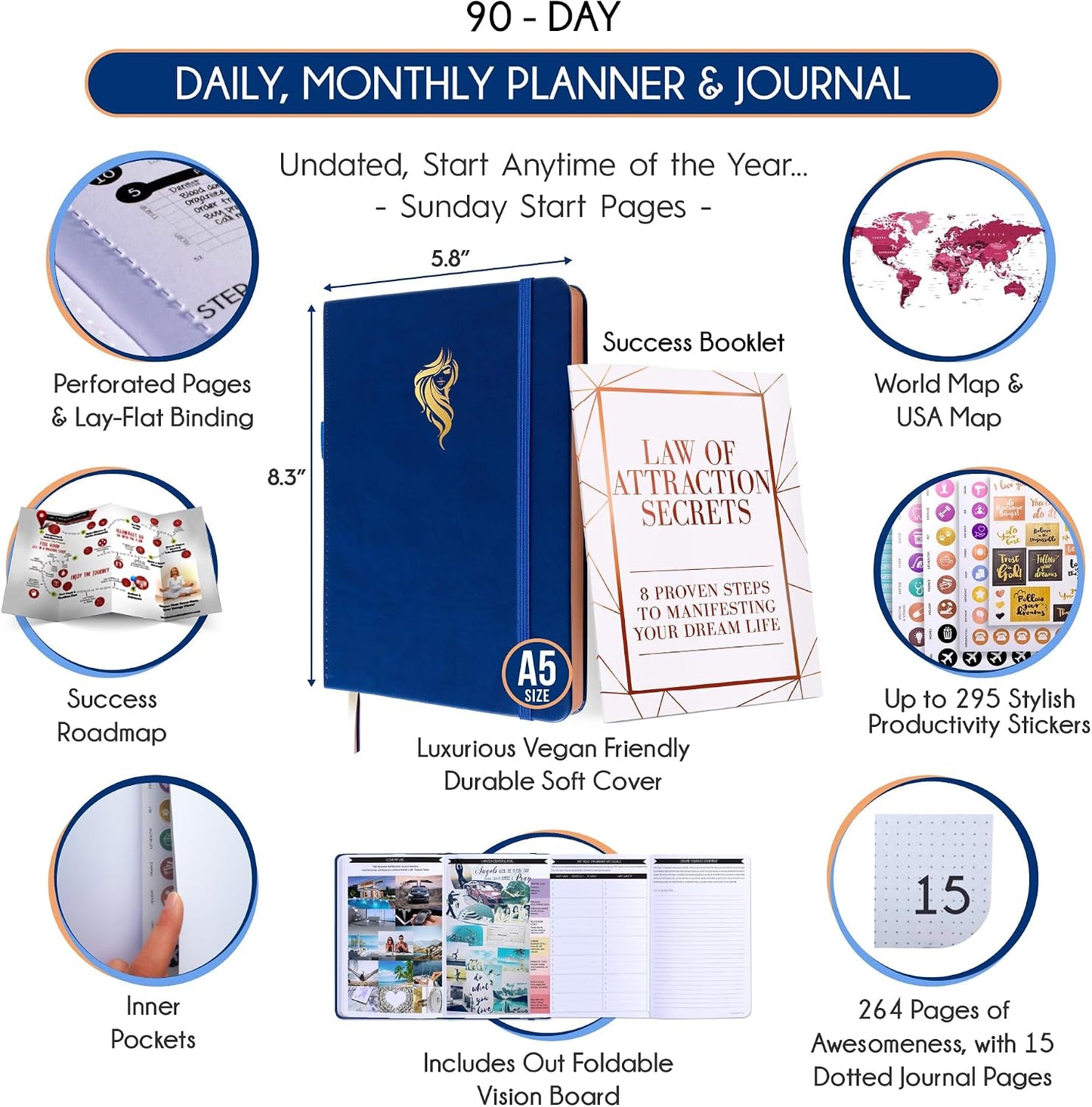 Freedom Mastery Daily Journal of Gratitude, Productivity & Habit Tracker | Undated 90-Day Planner with Daily Reflection, Mindfulness, Positivity, Vision Board & Stickers, Gratitude Journal for Women