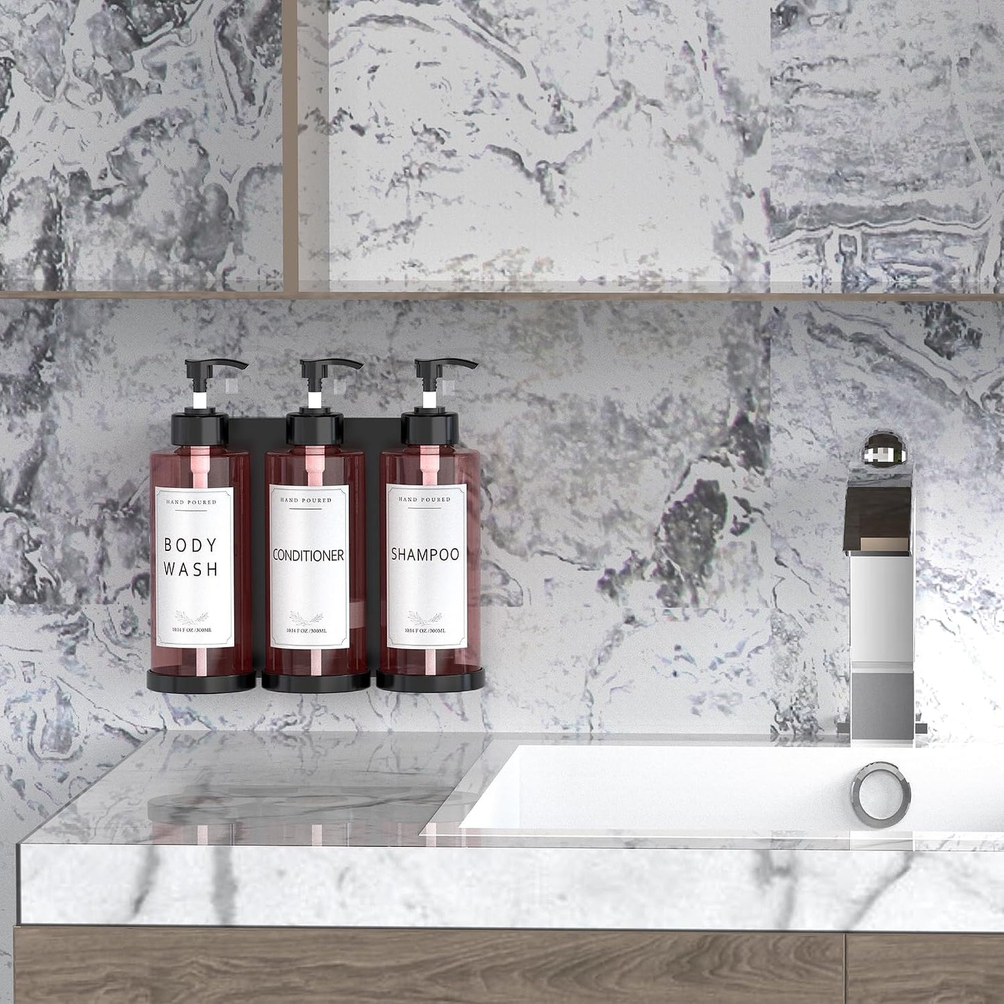 Plastic Shampoo Dispenser Body Wash Dispenser Wall Mount for Home | Shampoo and Conditioner Dispenser No-Drill 3 Chamber Wall Mounted Shower Soap Dispenser Refillable Pump Bottle for Bath Hotel