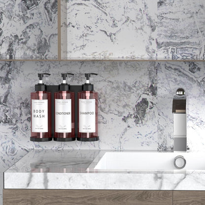 Plastic Shampoo Dispenser Body Wash Dispenser Wall Mount for Home | Shampoo and Conditioner Dispenser No-Drill 3 Chamber Wall Mounted Shower Soap Dispenser Refillable Pump Bottle for Bath Hotel