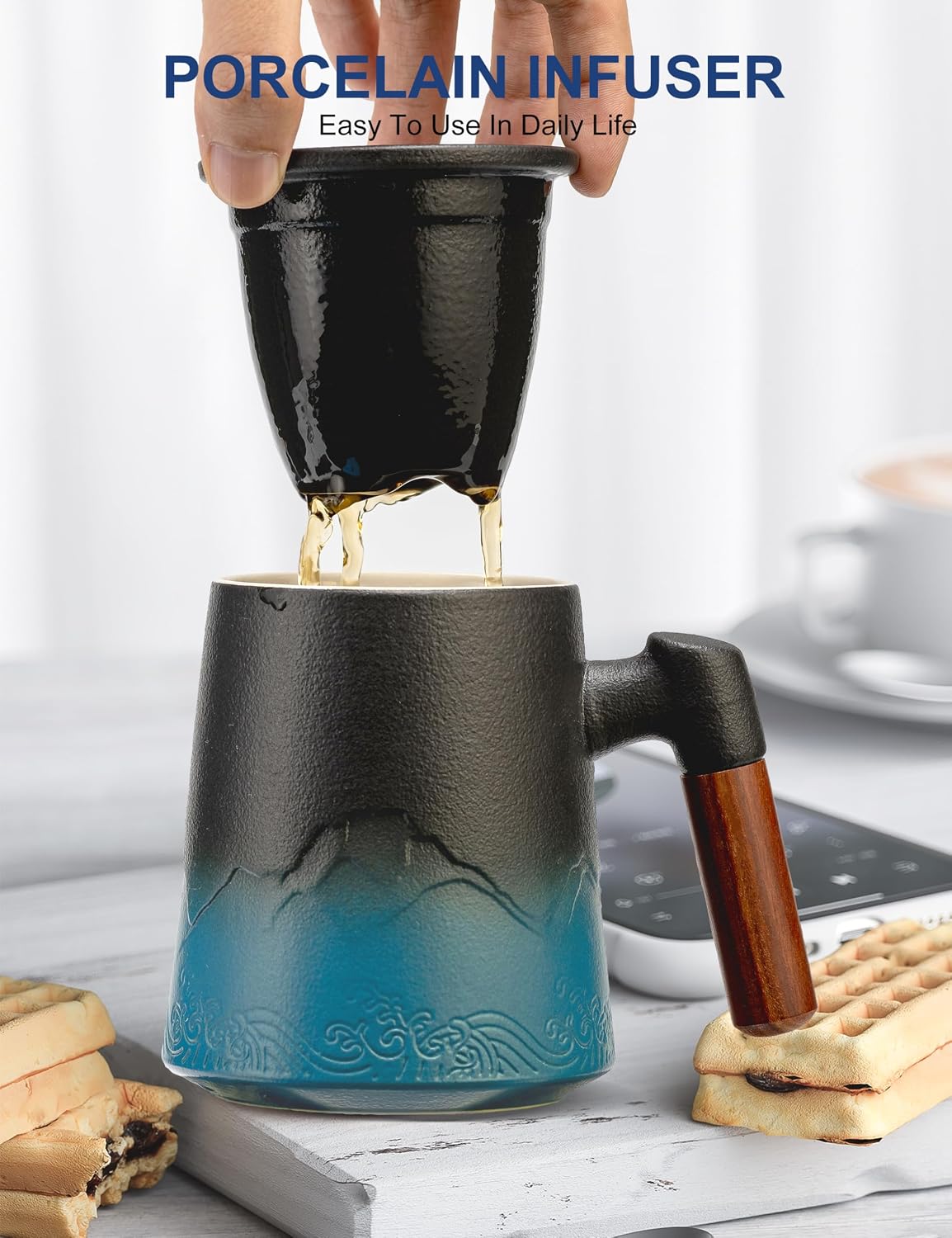 suyika Tea Cup with Infuser and Lid, 15.2 Ounce Wood Handle Ceramic Loose Leaf Mug Gradient Black&Green 450ml