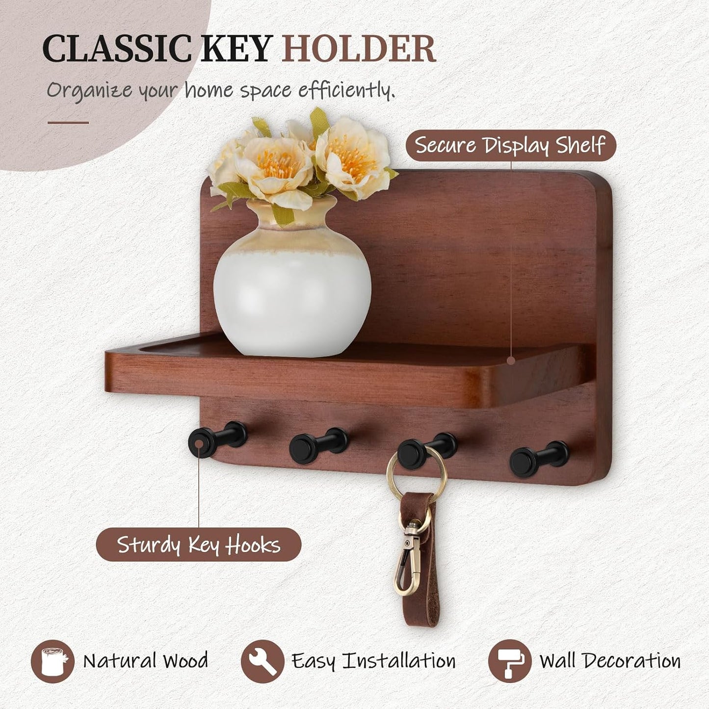 Nekon Key Holder for Wall with Shelf, Pine Wooden Key Hanger, Black | Small Wall Mounted Key Holder with 4 Hooks, Farmhouse Wall Organizer for Home Entryway & Apartment