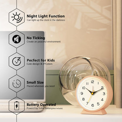 AYRELY® 4.5" Analog Alarm Clock, Small Retro Desk Clock and Table Clock | Battery Operated, Silent Metal Table Clock with Light for Living Room Decor, Bedroom, Bedside and Shelf (Orange)