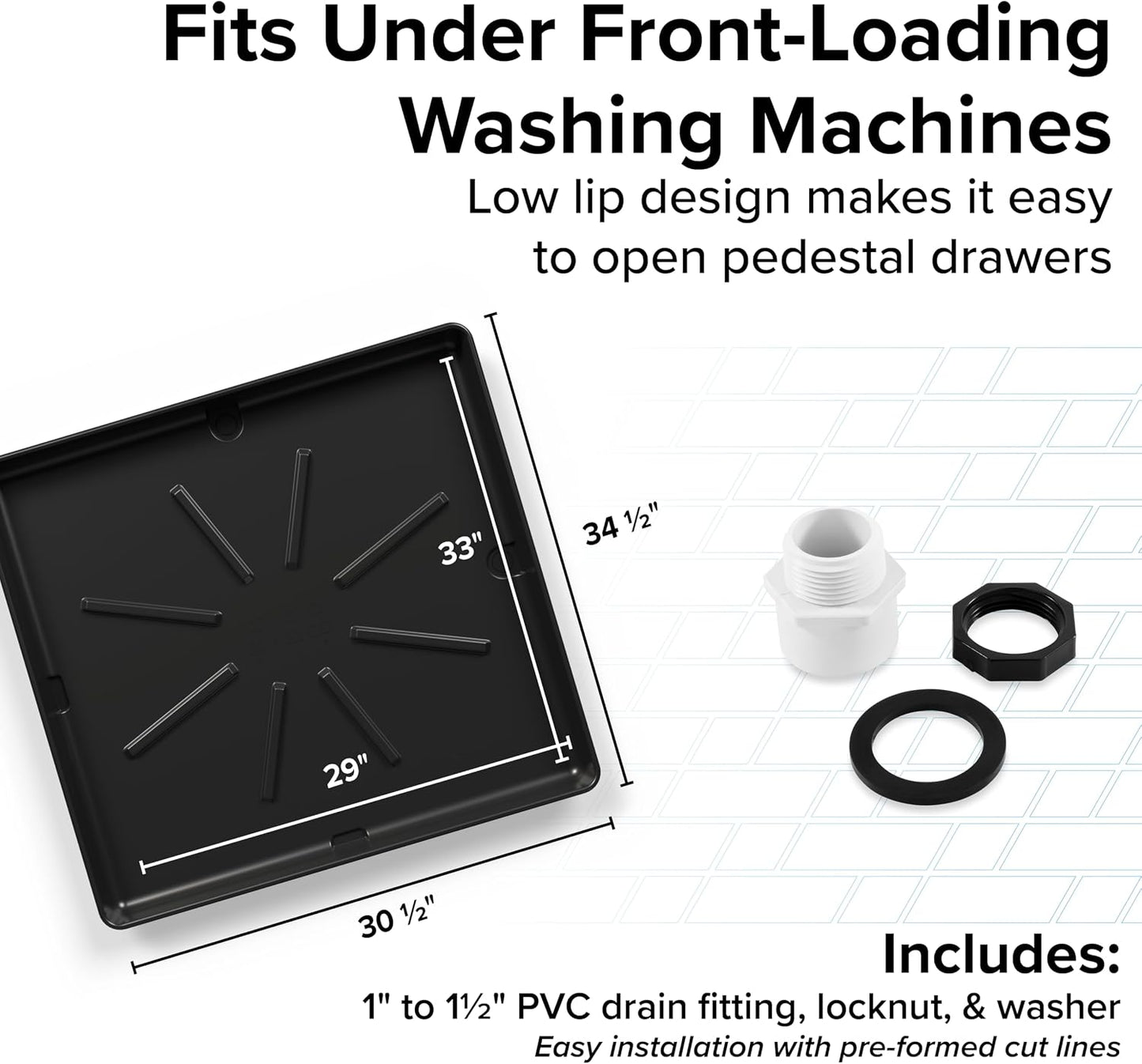 Camco Low Profile Washing Machine Drain Pan with PVC Fitting, 29 inch x 33 inch ID and 31 inch x 35 inch OD - Protects Your Floors from Washing Machine Leaks - Easy to Use - Pewter - 20788