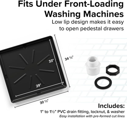 Camco Low Profile Washing Machine Drain Pan with PVC Fitting, 29 inch x 33 inch ID and 31 inch x 35 inch OD - Protects Your Floors from Washing Machine Leaks - Easy to Use - Pewter - 20788