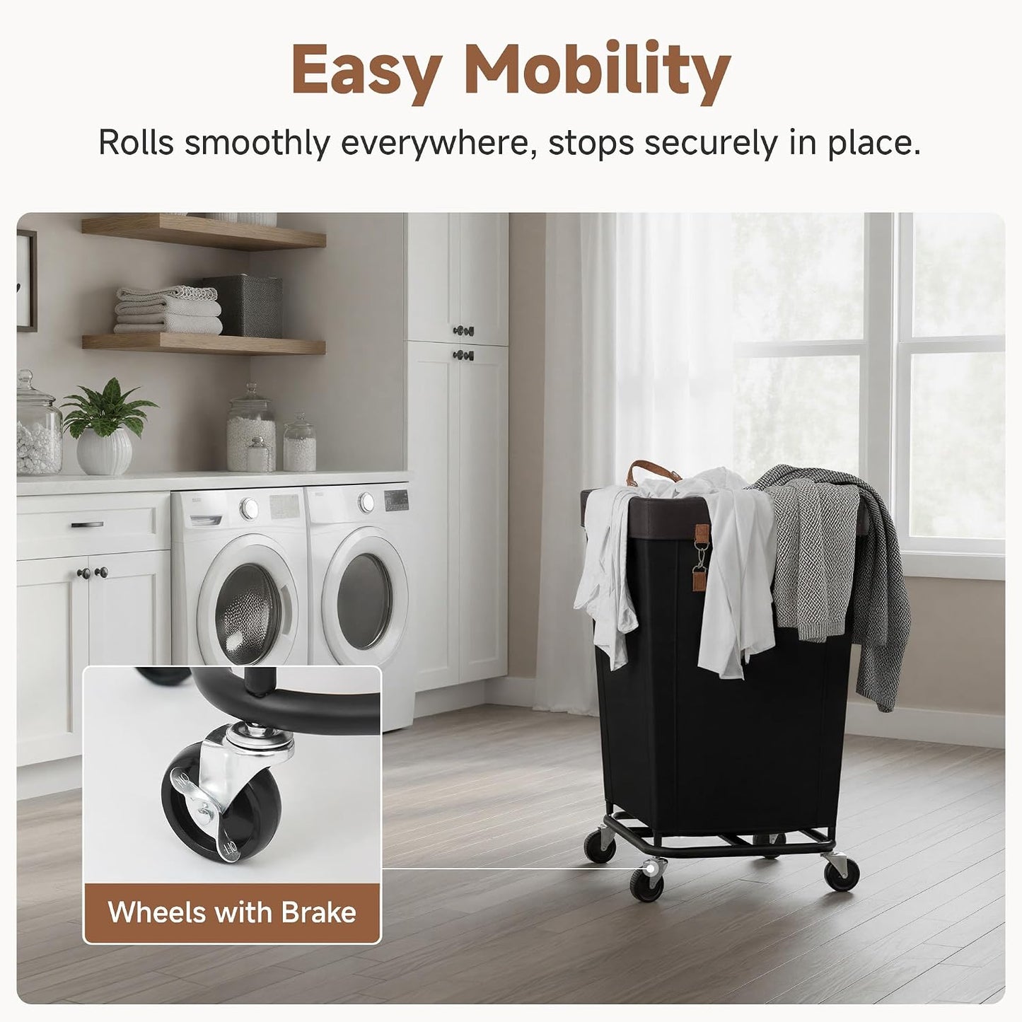 StorageWorks 160L Laundry Basket with Wheels, Rolling Hampers for Clothing | Beige Laundry Basket with Wheels, Metal Frame & Handles, Rolling Hamper for Bedroom, Bathroom, Dorm, Hotel
