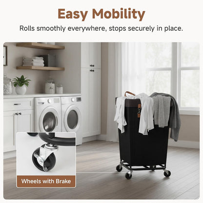 StorageWorks 160L Laundry Basket with Wheels, Rolling Hampers for Clothing | Beige Laundry Basket with Wheels, Metal Frame & Handles, Rolling Hamper for Bedroom, Bathroom, Dorm, Hotel