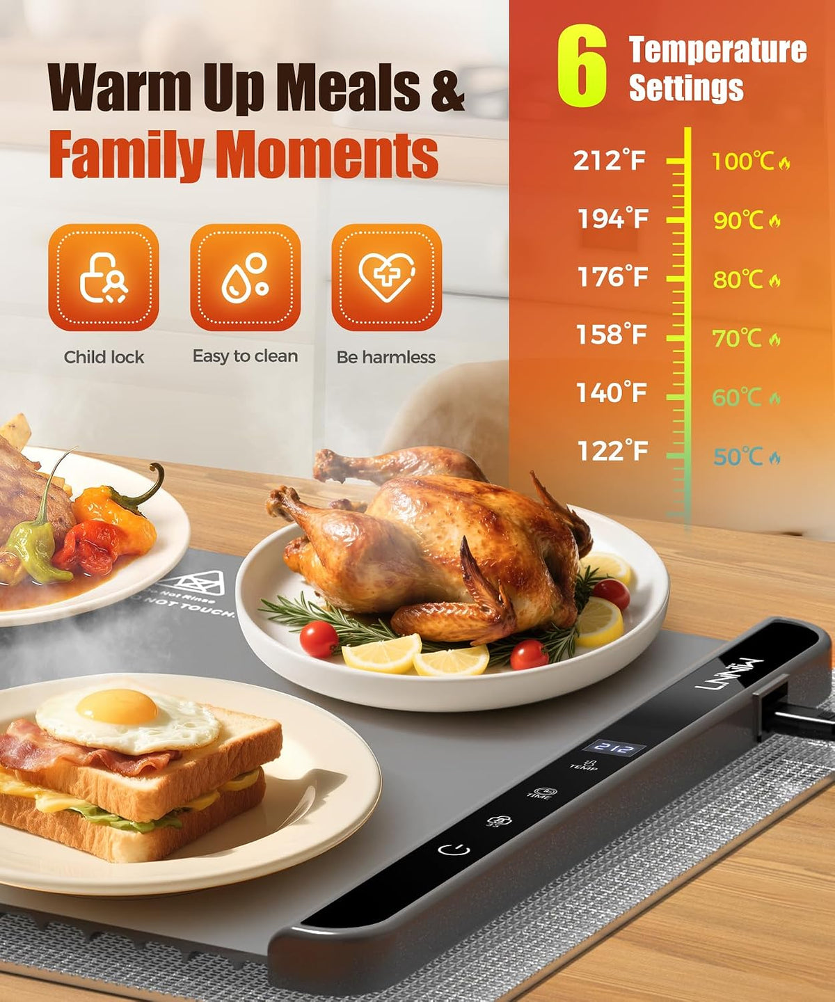 Warming Mat for Food, 26x15 Inch, Off White, Fast Heat, Child Lock