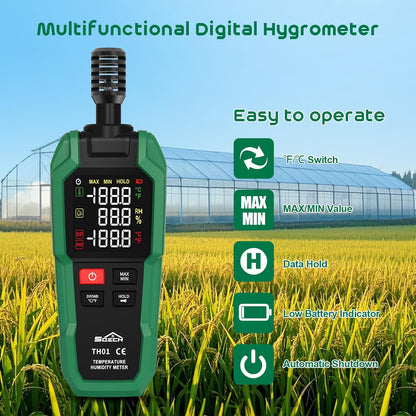 SQECH Temperature Humidity Meter Digital Hygrometer Psychrometer HVAC | Hydrometer Monitor with Ambient Thermometer, Dew Point, Wet Bulb, Flashlight, Max/Min, Data Hold, Color Backlight