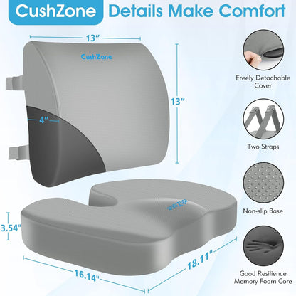 CushZone Ergonomic Seat Cushion & Lumbar Support Pillow - Memory Foam for Sciatica Pain Relief & Posture Correction, Non-Slip Chair Cushions for Office Chair/Car/Wheelchair/Travel (Black)