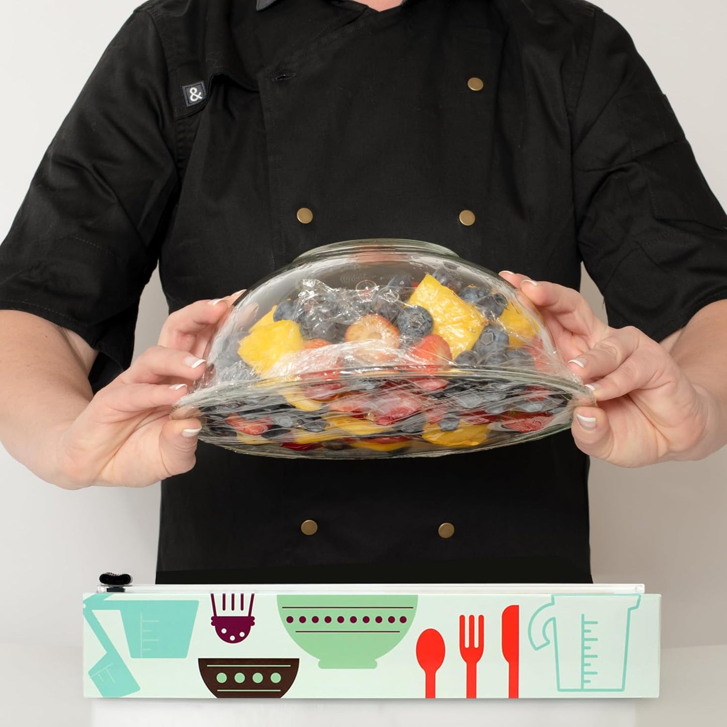 Chicwrap Veggies Refillable Plastic Wrap Dispenser - Includes One 12" x 250' Roll of Professional Grade Plastic Wrap - BPA Free and Kosher Certified - Reusable Dispenser w/Slide Cutter | Reusable Plastic Wrap Dispenser with Four Non-Slip Rubber Feet and