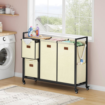 Hoctieon 4 Section Laundry Cart, 52.8 Gal. (200L) Laundry Hamper with Lid, Laundry Basket with Wheels, Rolling Laundry Sorter Organizer with Shelf, Clothes Separator with Removable Bags, Black