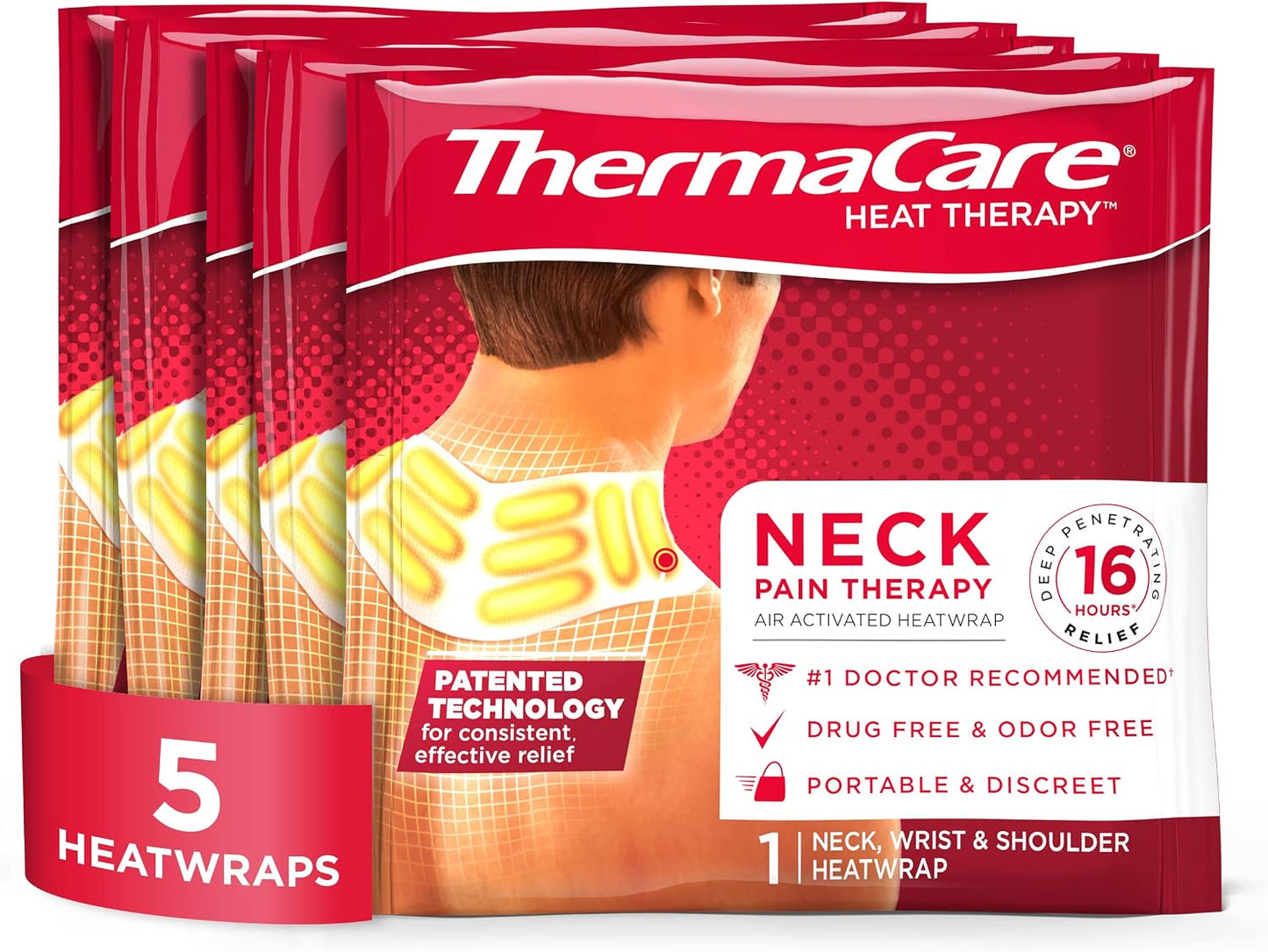 ThermaCare Heat Wraps for Neck & Shoulder Pain Relief - 16-Hour Heat Therapy Heating Pads, Adhesive Heat Patches for Muscle & Joint Pain - Flexible Fit for Comfort & Extended Wear - 5 Count