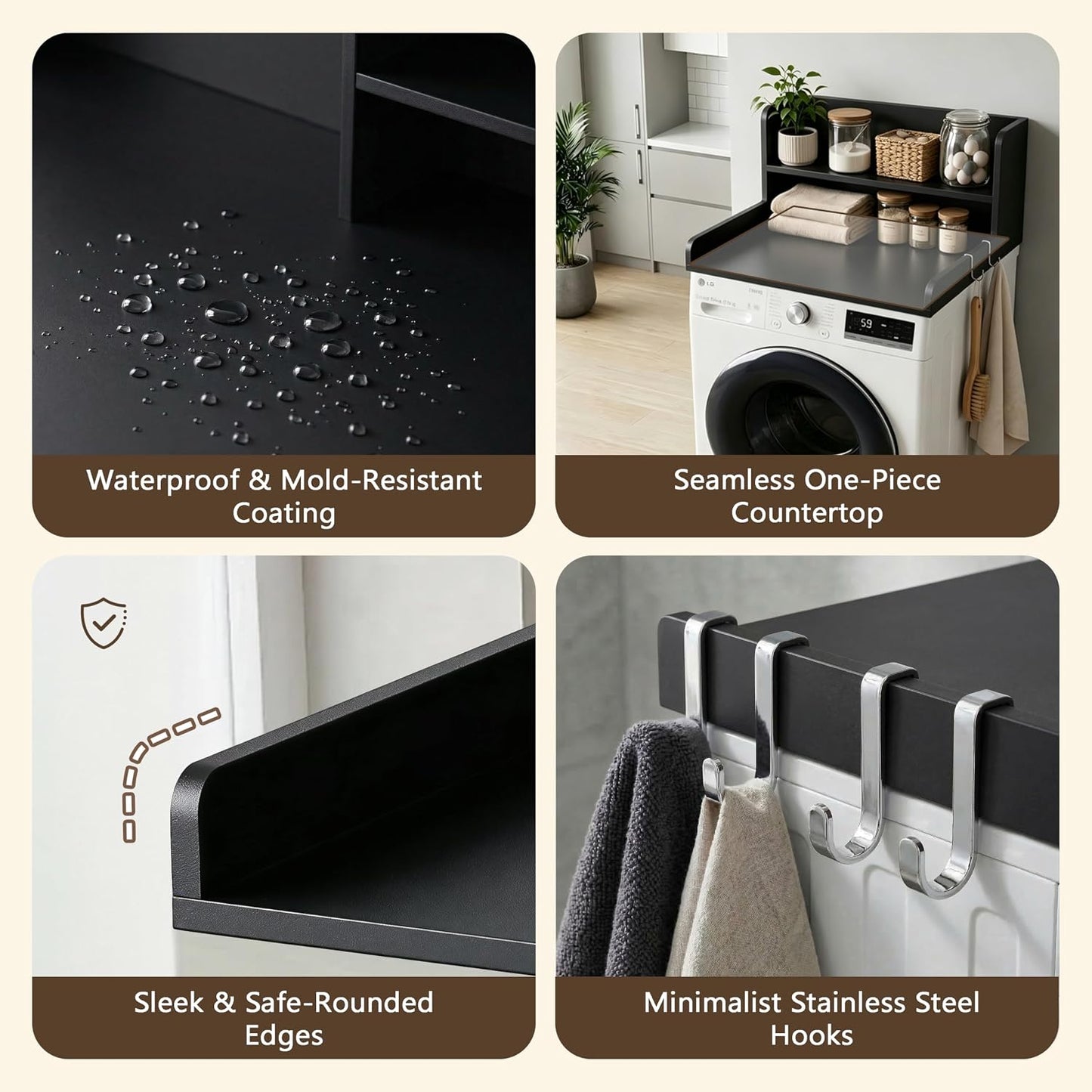 2-Tier Washer Dryer Countertop with Shelves & Metal Hooks, 27" W x 27.5" D Large Laundry Topper for Room Organization & Folding Clothes & Storage(Oak)
