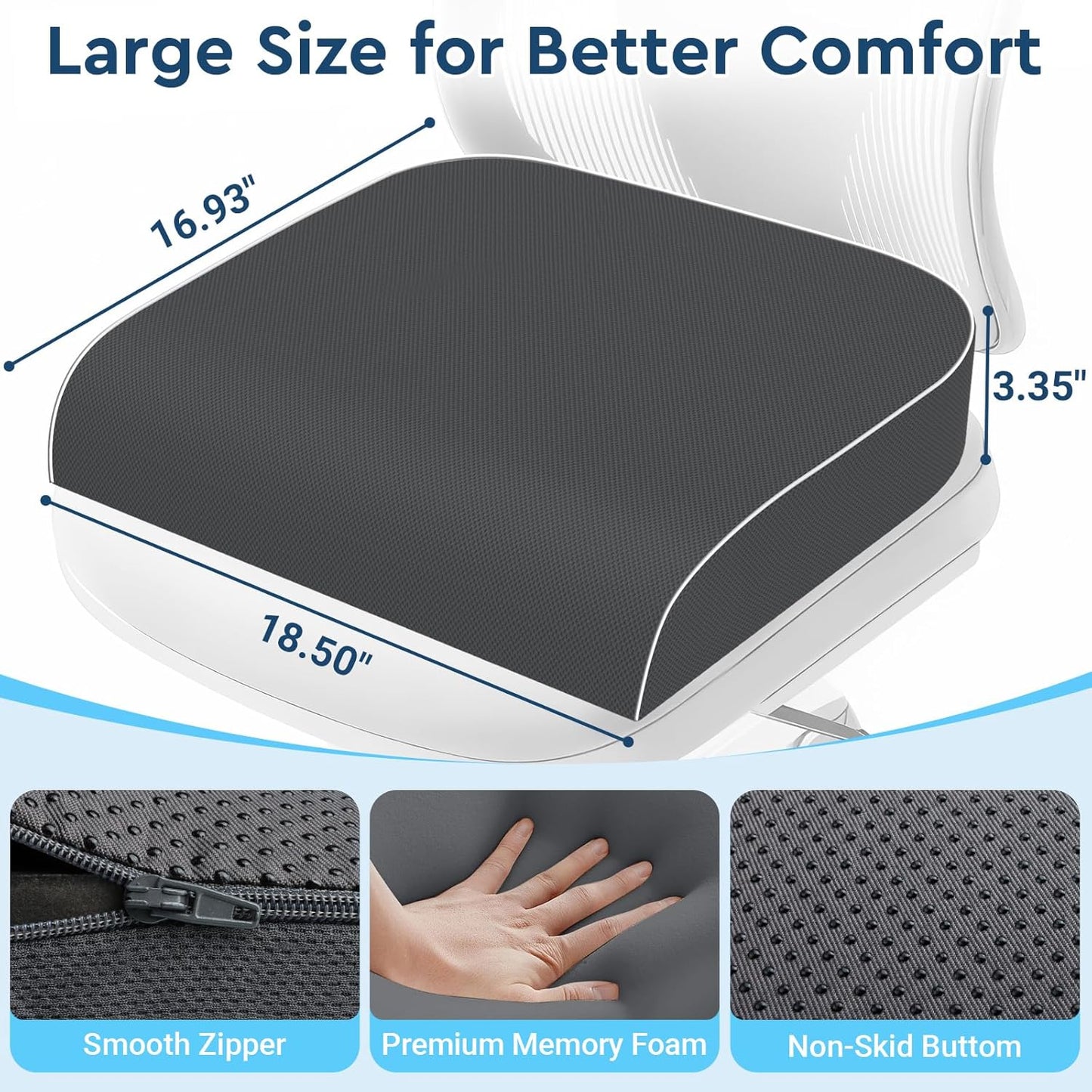 Seat Cushion, Memory Foam Office Chair Cushion, Black, Large | Office Desk Accessories, Butt Pillow for Long Sitting Sciatica, Coccyx, Tailbone, Hip Pain Relief - for Home, Car, Airplane