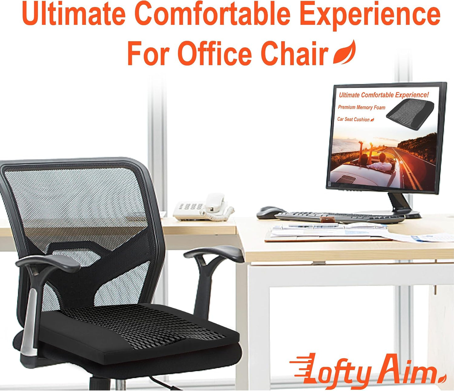 Lofty Aim Car Seat Cushion, Memory Foam Car Seat Cushions for Long Driving | Comfy Car Seat Pillow for Pain Relief, Driver Seat Cushion Adds Height, Butt Cushion for Car, Truck, Office Chair, Black