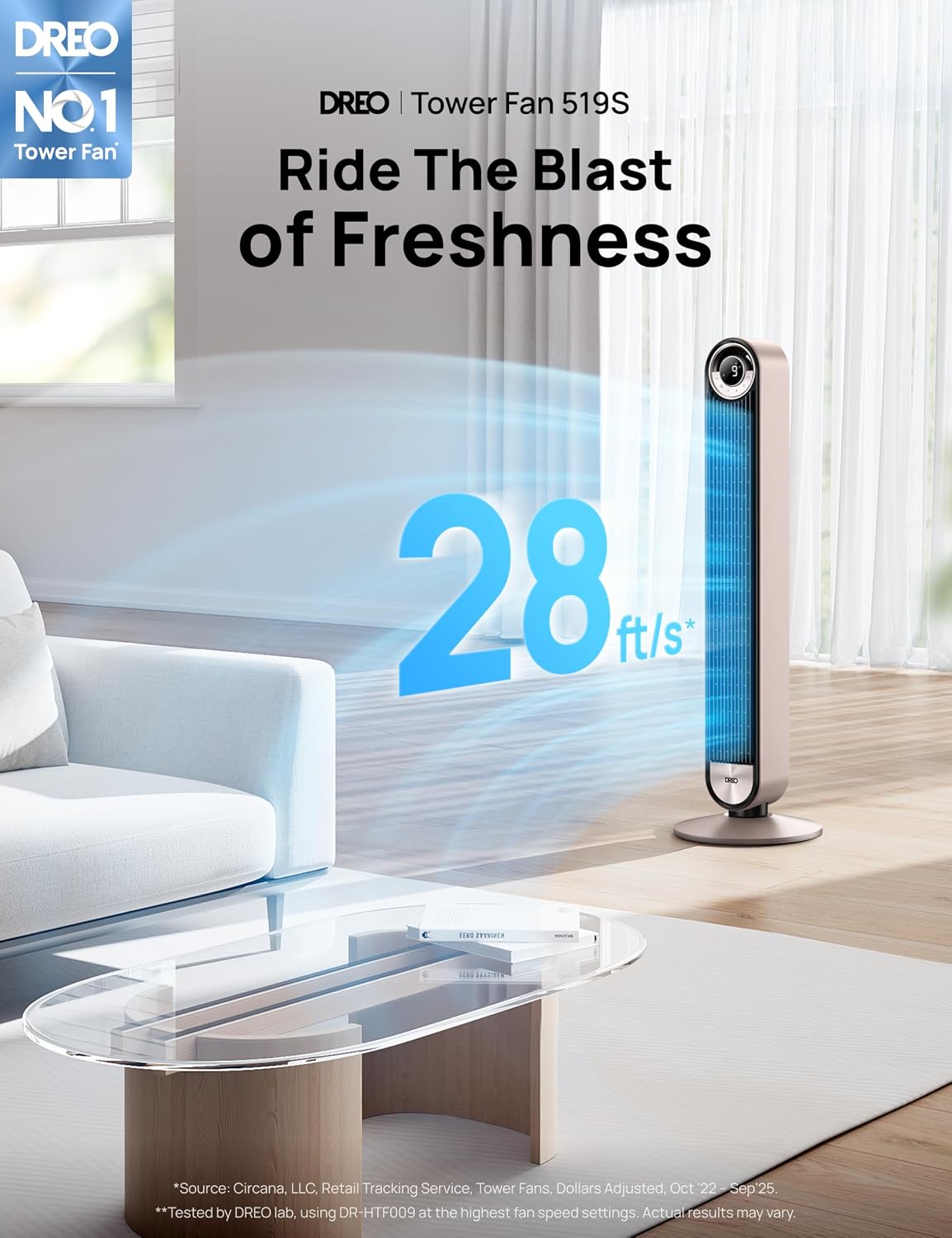 DREO Tower Fan for Bedroom, Upgraded DC 28ft/s Velocity, 9 Speeds