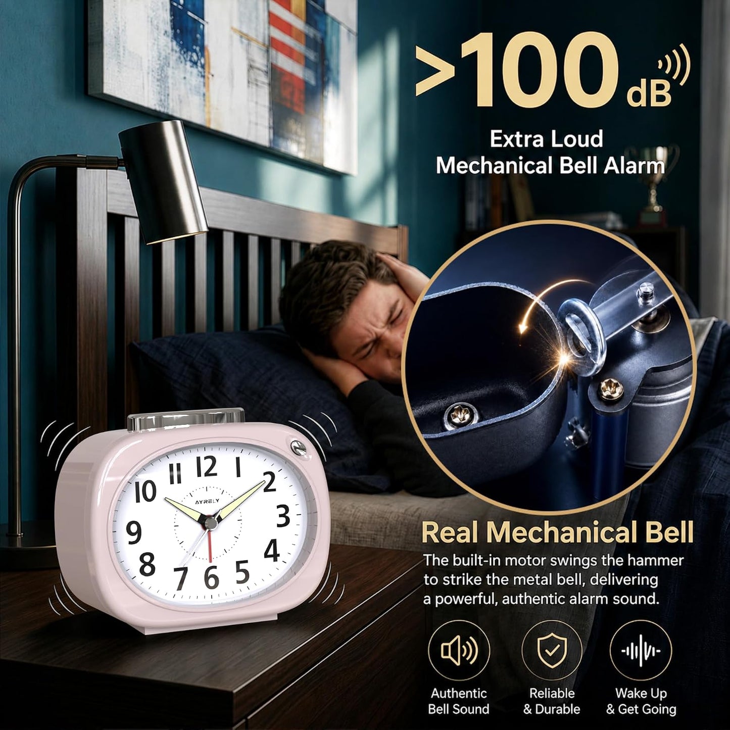 AYRELY® 4.5" Loud Analog Alarm Clock for Heavy Sleepers, 100 dB Alarm Sound | Mechanical Bell, Silent Quartz Desk Clock and Table Clock with 10-Second Night Light, Luminous Hands for Bedroom and Bedside