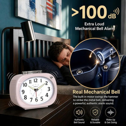 AYRELY® 4.5" Loud Analog Alarm Clock for Heavy Sleepers, 100 dB Alarm Sound | Mechanical Bell, Silent Quartz Desk Clock and Table Clock with 10-Second Night Light, Luminous Hands for Bedroom and Bedside