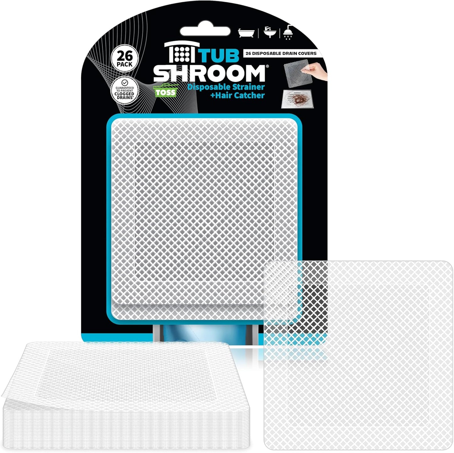 TubShroom 26 Pack Square Disposable Drain Cover - Hair Catcher Mesh Sticker Strainers for Shower Bathtub and Bathroom - Hair Catcher Sticker Drain Protector - Half Year Supply