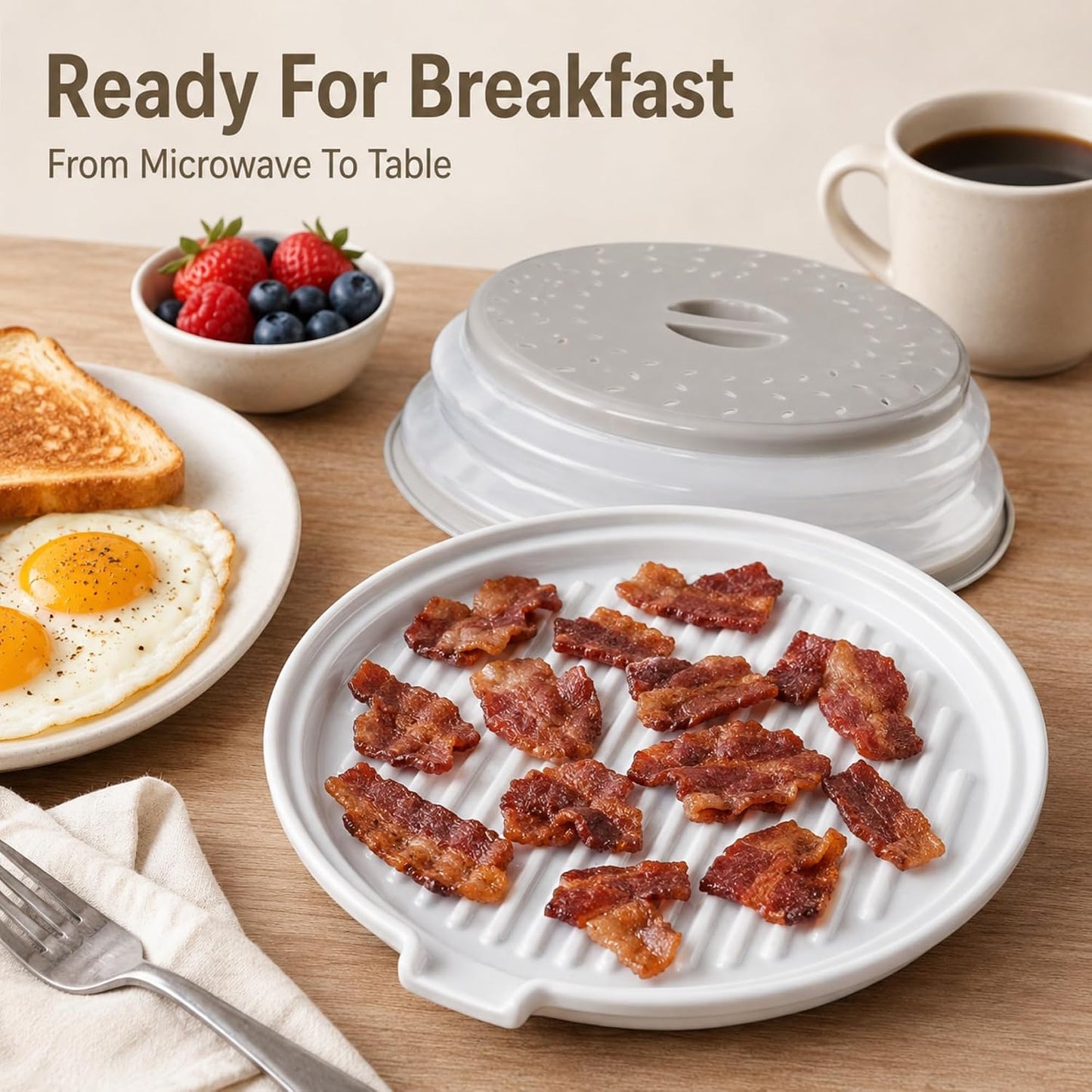 ONEMORE Microwave Bacon Cooker, Ceramic Bacon Tray with Splatter Cover | Meat Rack for Oven Cooking Crispy Bacon Maker with Collapsible Lid - 13 inch Round Bacon Dish Plate, Dishwasher Safe, White