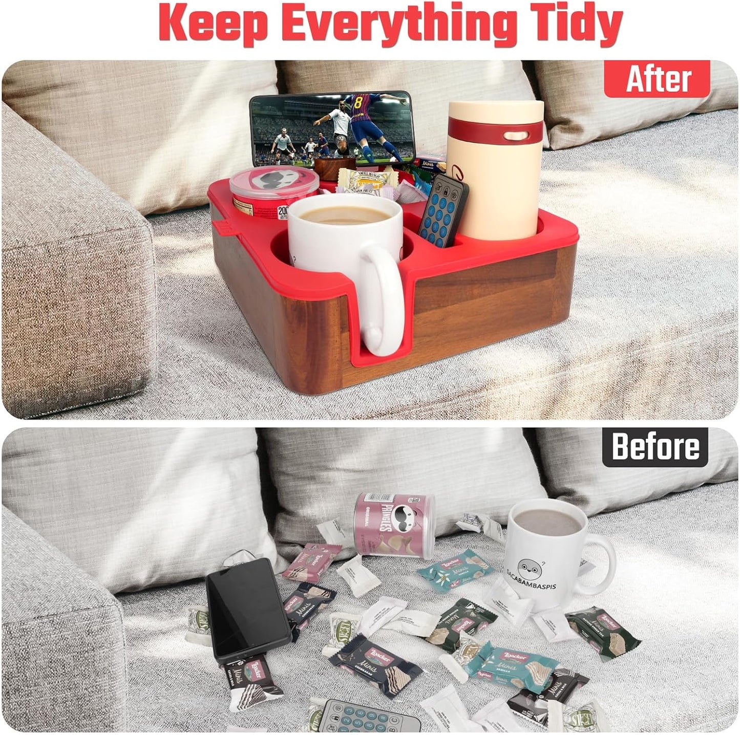 Couch Cup Holder Tray, Real Acacia Wooden Caddy with Soft Silicone, Snack and Drink Organizer- Perfect Movie Night Accessories for Bed, Remote and Cup Holders for Sofa (Black)