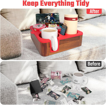 Couch Cup Holder Tray, Real Acacia Wooden Caddy with Soft Silicone, Snack and Drink Organizer- Perfect Movie Night Accessories for Bed, Remote and Cup Holders for Sofa (Black)