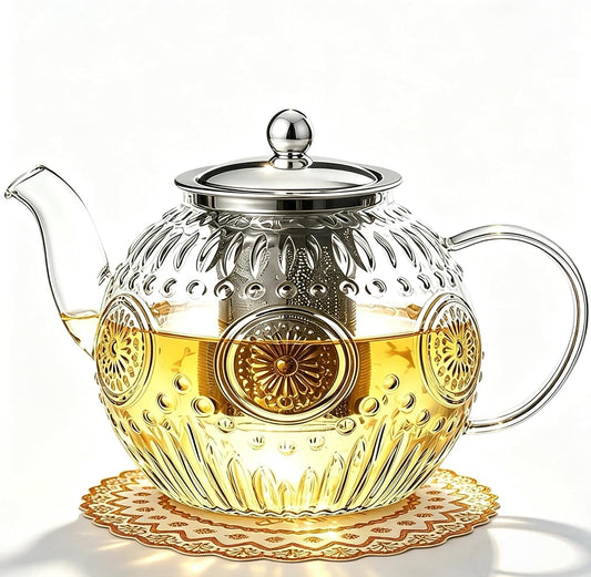 Glass Teapot with Infuser - 50oz Stovetop Kettle for Loose Leaf Tea | Borosilicate Glass Tea Maker with Vintage Sunflower Design, Heat Resistant Tea Pot with Handle, Includes Insulation Pad