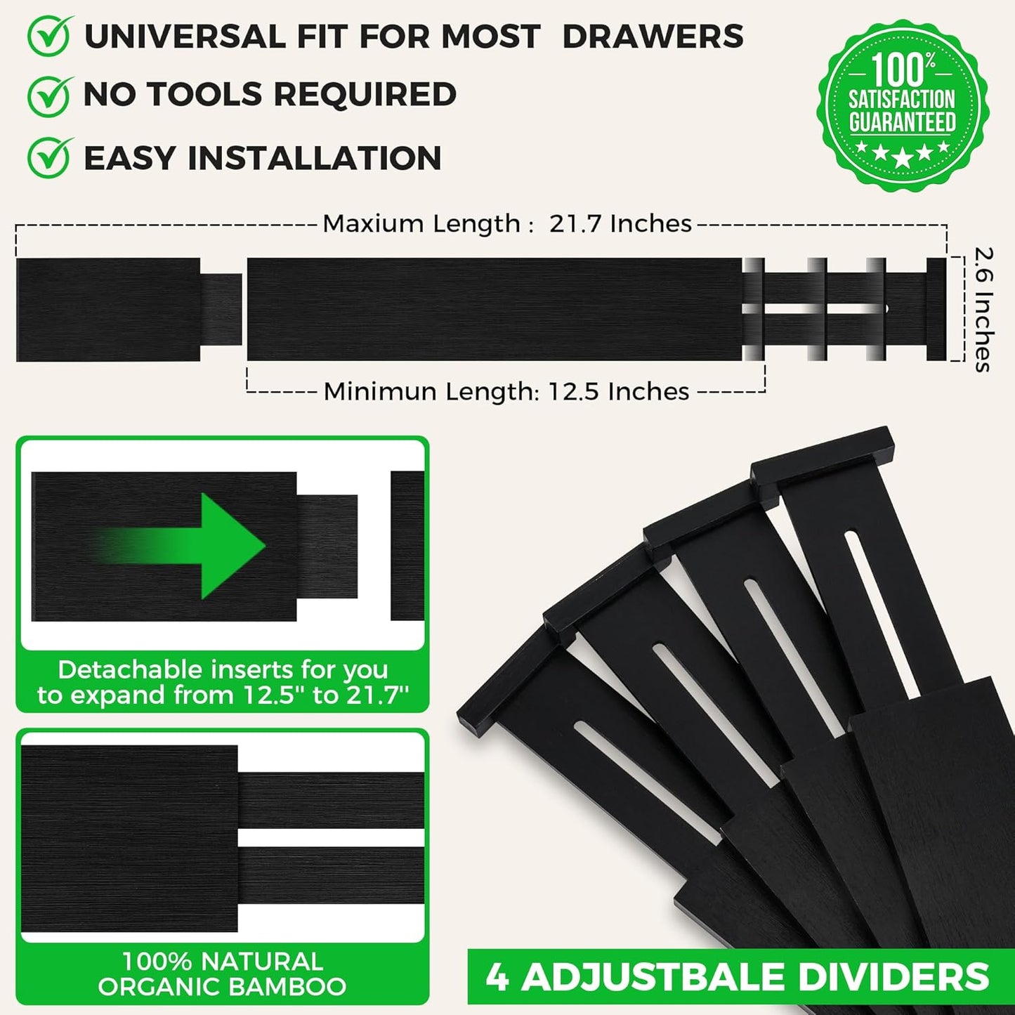 4 Pack Bamboo Drawer Dividers Organizer with Inserts 2.6'' High | Expandable from 12.5-21.7", Adjustable Drawer Organizer Separators for Utensils, Clothing, Office, Dresser, Bedroom, (Beige)