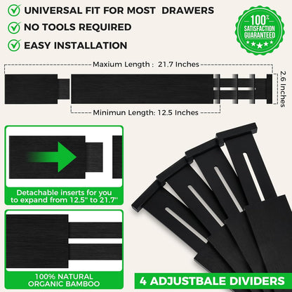 4 Pack Bamboo Drawer Dividers Organizer with Inserts 2.6'' High | Expandable from 12.5-21.7", Adjustable Drawer Organizer Separators for Utensils, Clothing, Office, Dresser, Bedroom, (Beige)