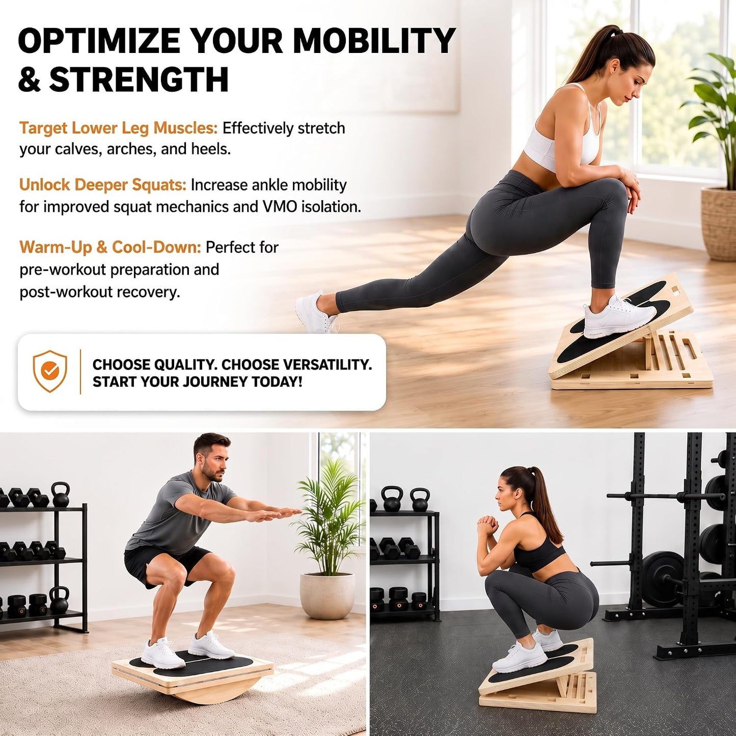 3-in-1 Adjustable Slant Board & 180°/360° Balance Board - Wooden Calf Stretcher and Squat Wedge - 5 Angle Incline Board for Stretching Equipment & Exercise - Includes Resistance Band - (400LBS)